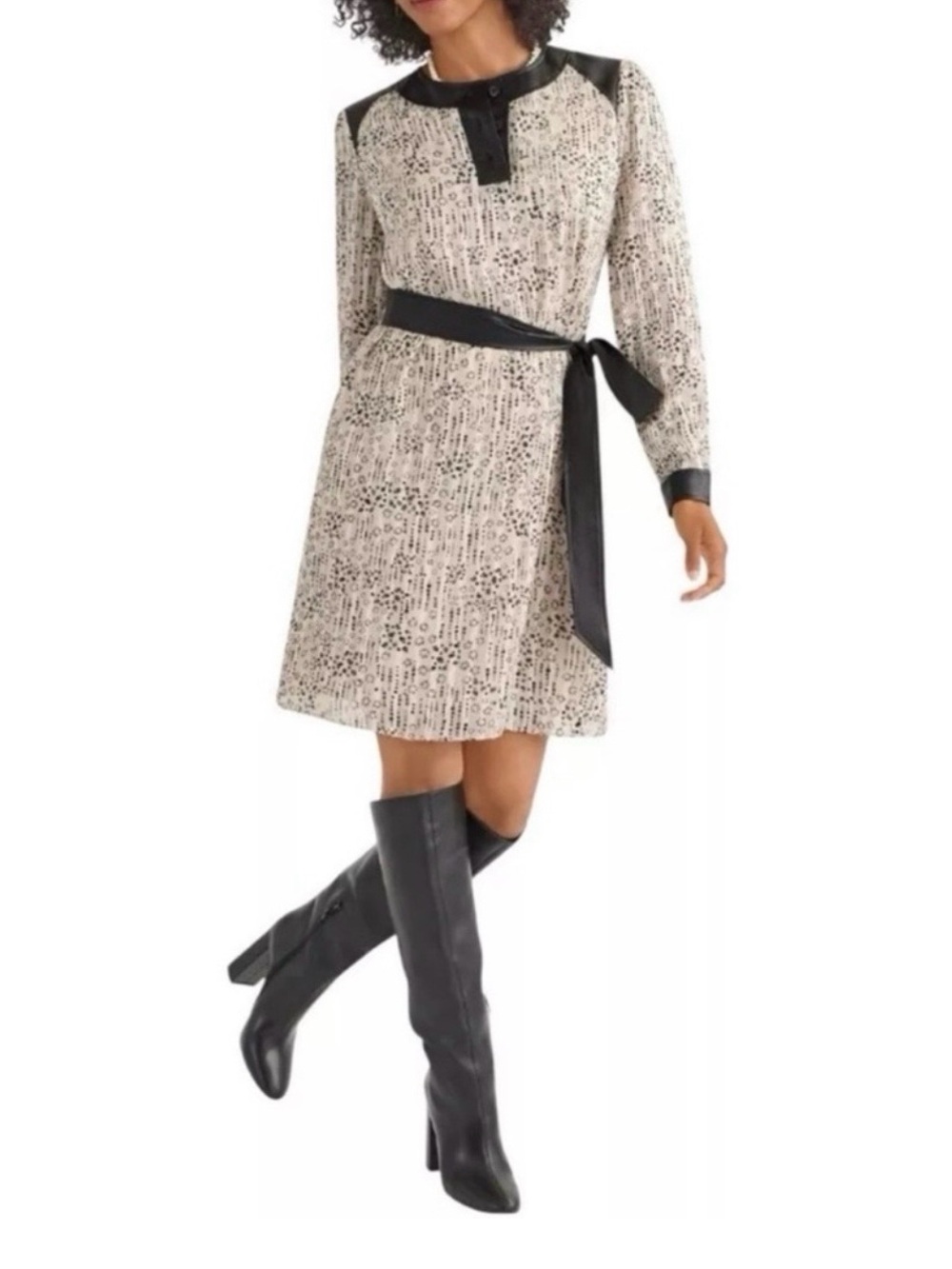 Cabi Chelsea Cream and Black Pattern Dress with Faux Leather Trim and Blelt
